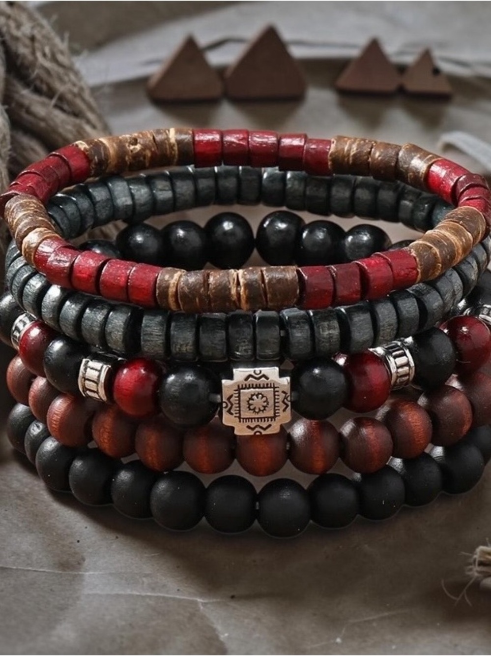 Boho Layered Beaded Bracelet Set - Black, Red, Brown